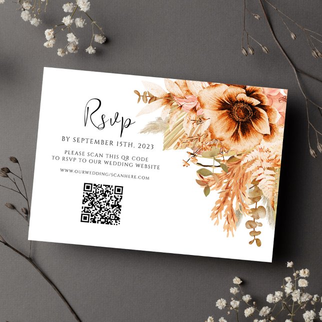 Cartons Réponse Élégant Floral QR Code Mariage de automne en terre (Elegant Floral QR Code Terracotta Fall Wedding RSVP Card)