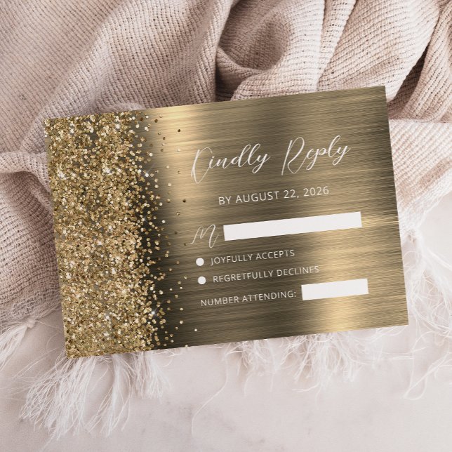 Cartons Réponse Elegant Gold Brushed Metal Glitter Script Wedding (Créateur téléchargé)