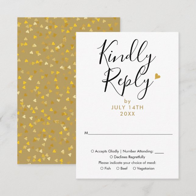 Cartons Réponse Élégant Gold Heart Chic Script Mariage (Devant / Derrière)