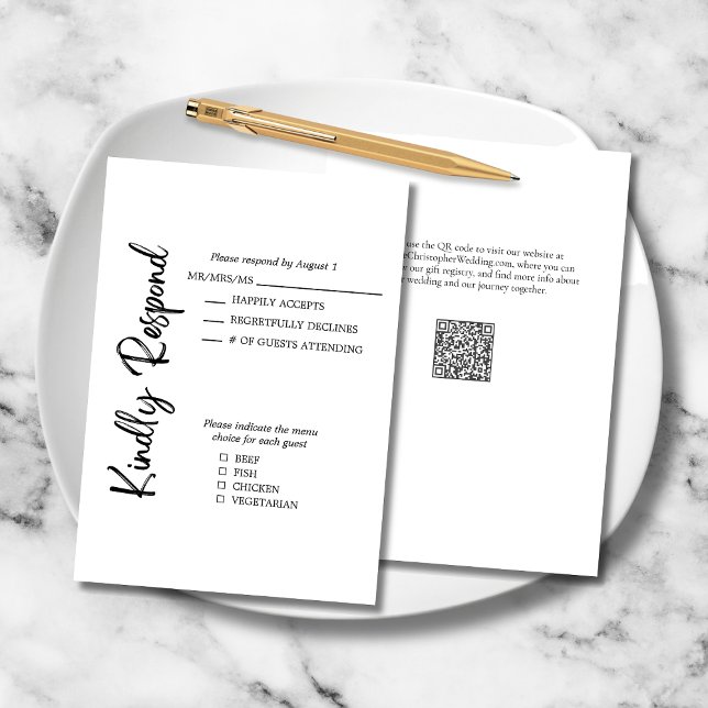 Cartons Réponse Élégant Gras Script noir blanc Mariage formel (Black White Formal Elegant Wedding Kindly Respond RSVP Card with Menu Options, QR Code, Website.)