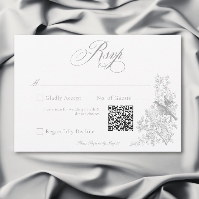 Cartons Réponse Élégant gris chinoiserie nature et oiseaux mariage (Elegant Gray Chinoiserie Nature & Birds Wedding QR RSVP Card)
