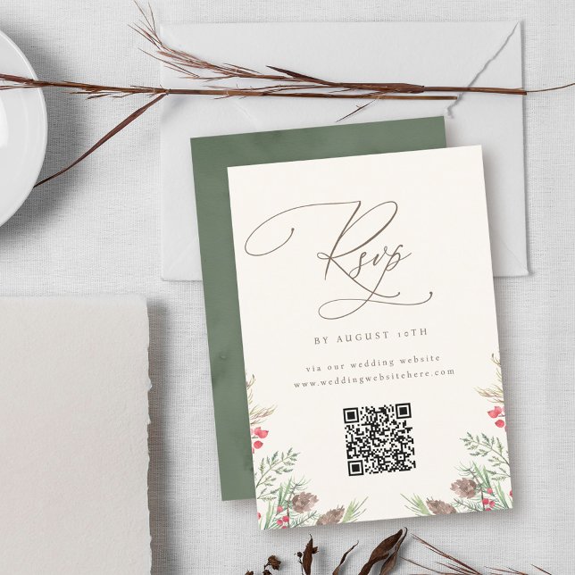 Cartons Réponse Elégant hiver verdure Aquarelle Mariage QR Code (Créateur téléchargé)