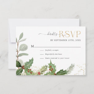 Cartons Réponse Elégant Holly Berry n Pine Gold Stars Mariage