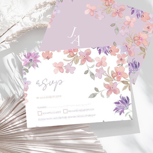 Cartons Réponse Élégant Lavender rose Whimsical Fleur sauvage Mari (Elegant Lavender Pink Whimsical Wildflower Wedding RSVP Card)