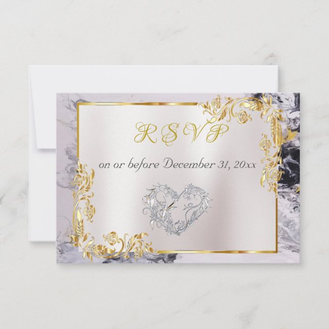 Cartons Réponse Elegant Marble, White, Gold Frame, Silver Heart  (Devant)
