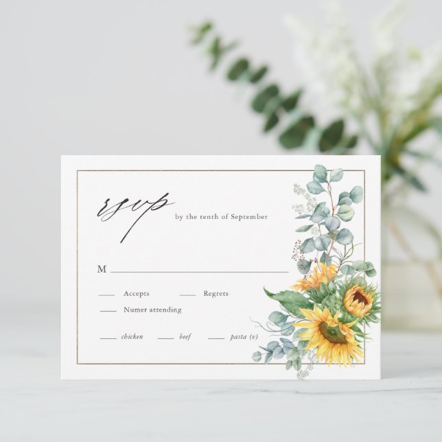 Cartons Réponse Elégant Mariage d'aquarelle de tournesol Eucalyptu (Debout devant)