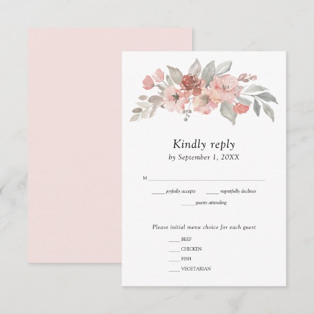 Cartons Réponse Élégant Mariage d'aquarelle rose pâle (Devant / Derrière)