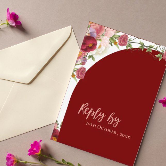 Cartons Réponse Élégant Mariage de broyage de fleurs d'arc rouge (Elegant Red Arch Blush Peach Florals Wedding RSVP Card)