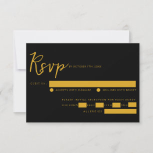 Cartons Réponse Élégant Mariage de choix de repas Black & Gold Scr