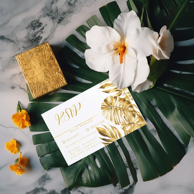 Cartons Réponse Élégant Mariage de feuille de Monstera Tropical Fo (Formal White Tropics Wedding RSVP Card)