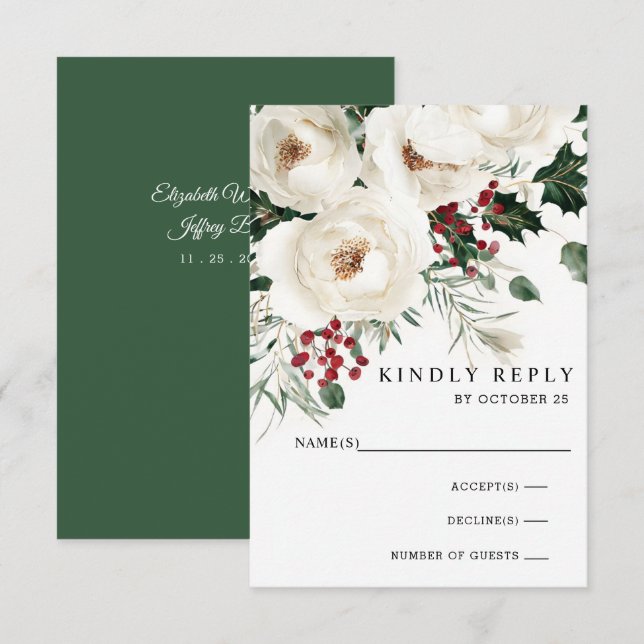 Cartons Réponse Élégant Mariage de Noël Rouge Blanc d'hiver (Devant / Derrière)