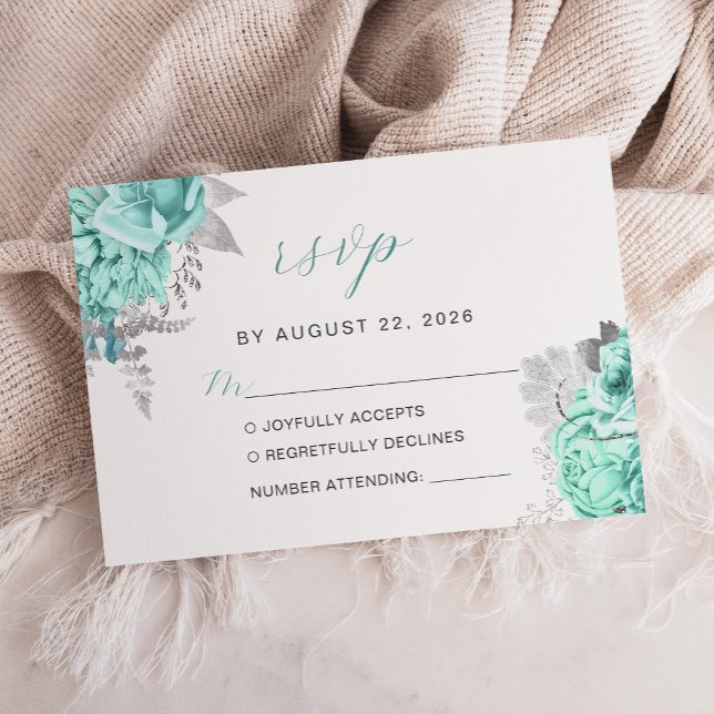 Cartons Réponse Élégant Mariage de script Silver Aqua Floral (Créateur téléchargé)