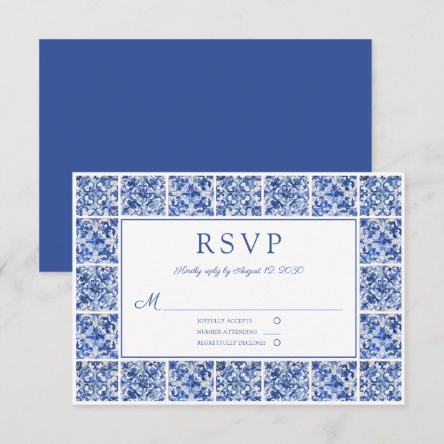 Cartons Réponse Elégant Mariage de tuiles Bleues Méditerranéennes (Devant / Derrière)