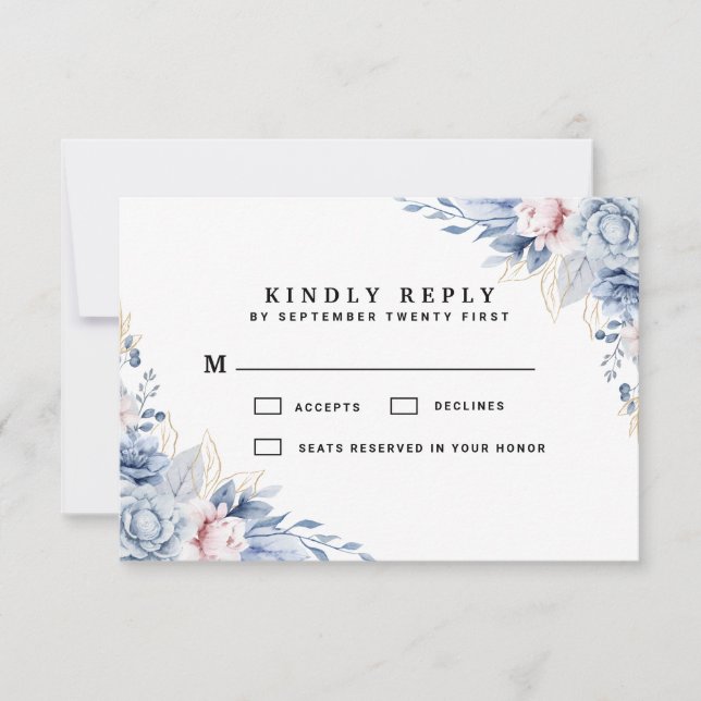Cartons Réponse Élégant Mariage floral bleu et blanc (Devant)