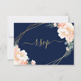 Cartons Réponse Elégant Mariage floral bleu marine de pêche à l'or