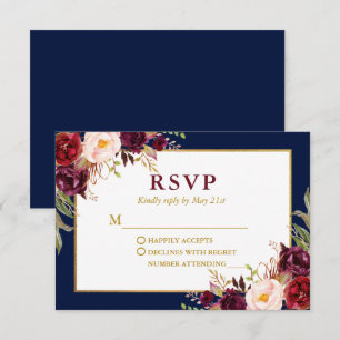 Cartons Réponse Élégant Mariage Floral Bourgogne Blue Gold