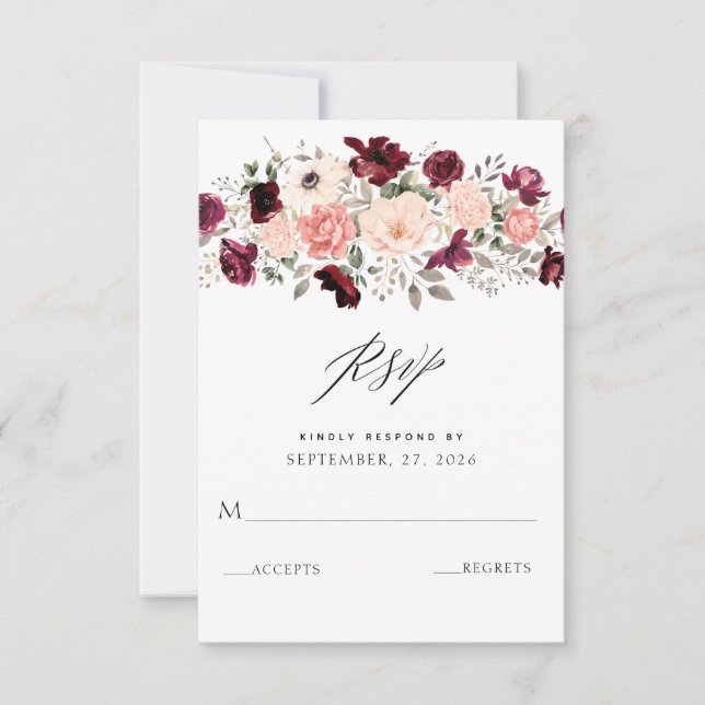 Cartons Réponse Élégant Mariage floral Burgundy Blush (Devant)