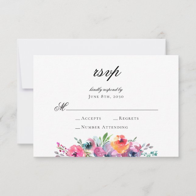 Cartons Réponse Élégant Mariage floral de l'aquarelle de script (Devant)