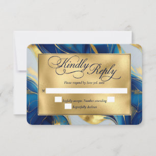 Cartons Réponse Elégant Mariage marbré Faux Gold, Bleu et Blanc