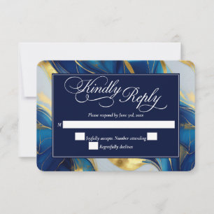 Cartons Réponse Elégant Mariage marbré Faux Gold, Bleu et Blanc