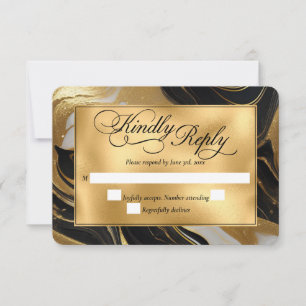 Cartons Réponse Elégant Mariage marbré Faux Gold, noir et blanc