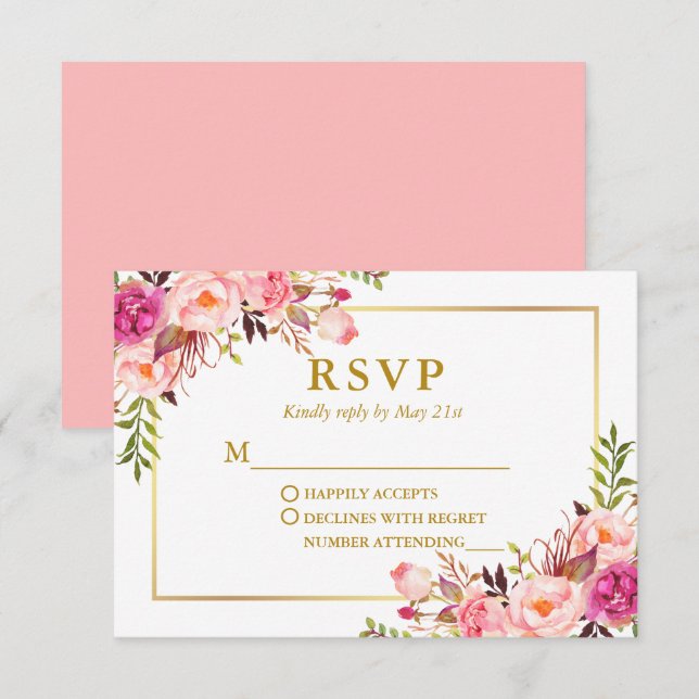 Cartons Réponse Elégant Mariage Moderne Aquarelle rose Floral (Devant / Derrière)