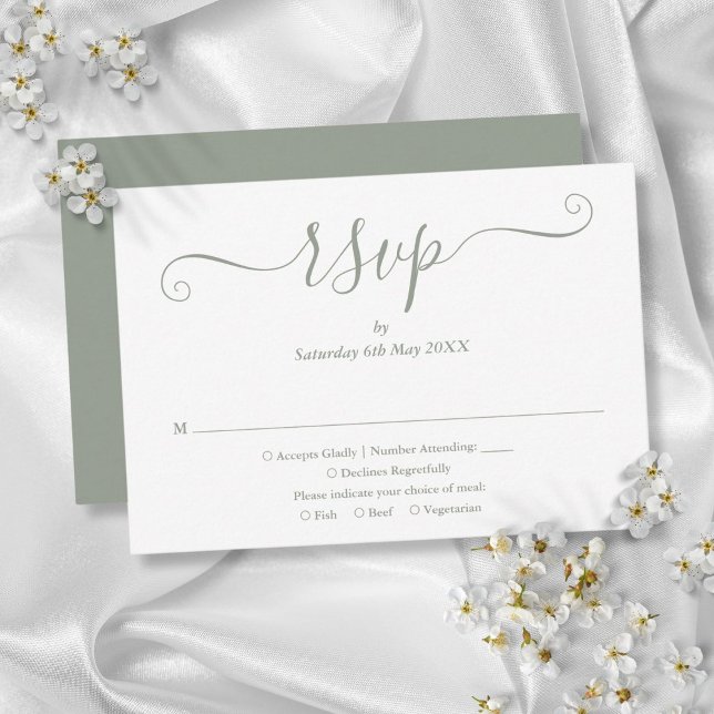 Cartons Réponse Élégant Mariage moderne Sage de Script Vert (Elegant Modern Script Sage Green Wedding RSVP Card)