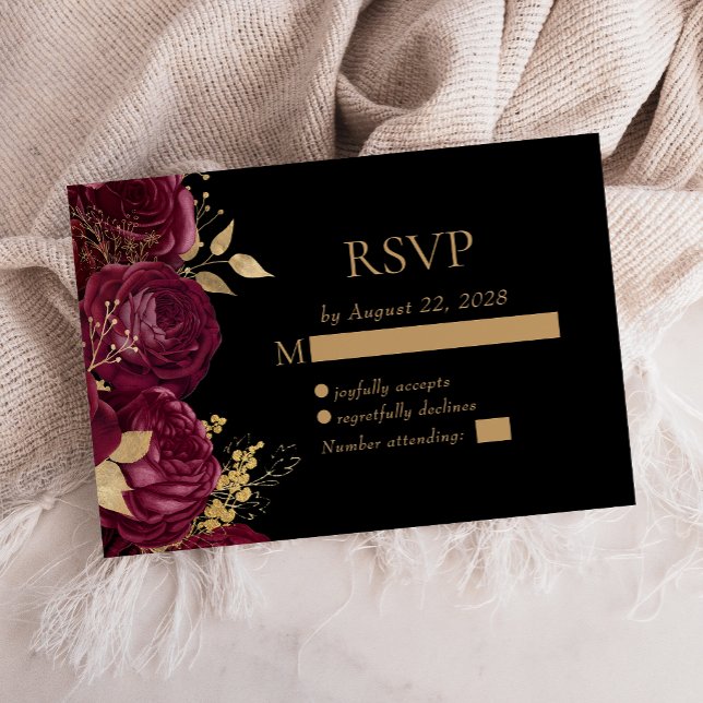 Cartons Réponse Élégant Mariage noir or floral bordeaux (Créateur téléchargé)