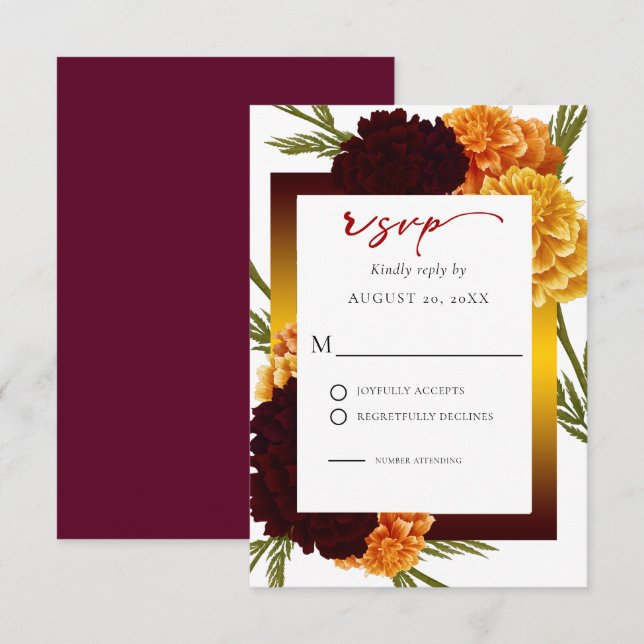 Cartons Réponse Elégant Mariage rouge Bourgogne MARIGOLD (Devant / Derrière)