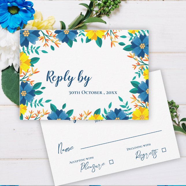 Cartons Réponse Élégant Mariage tendance Bleu Jaune (Elegant Trendy Pretty Yellow Blue Floral Wedding RSVP Card)