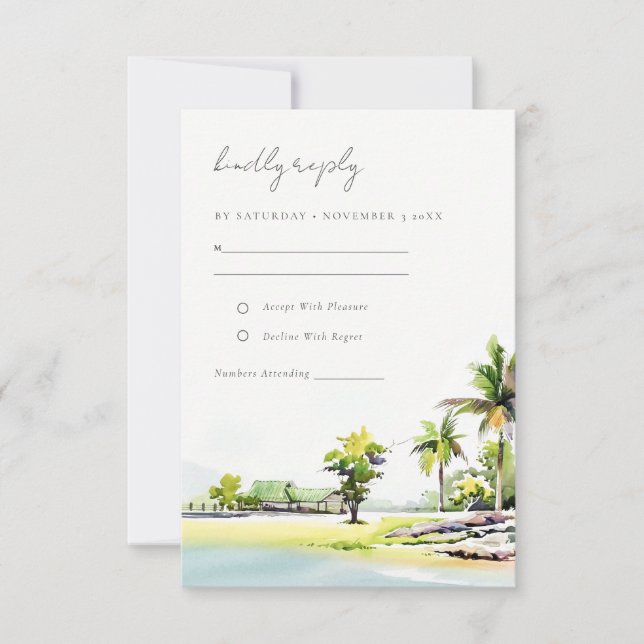 Cartons Réponse Elégant Mariage Tropical Coastal Beach Palm Tree (Devant)