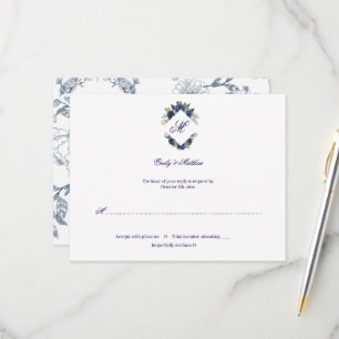 Cartons Réponse Élégant Mariage Vintage Bleu Toile Monogramme