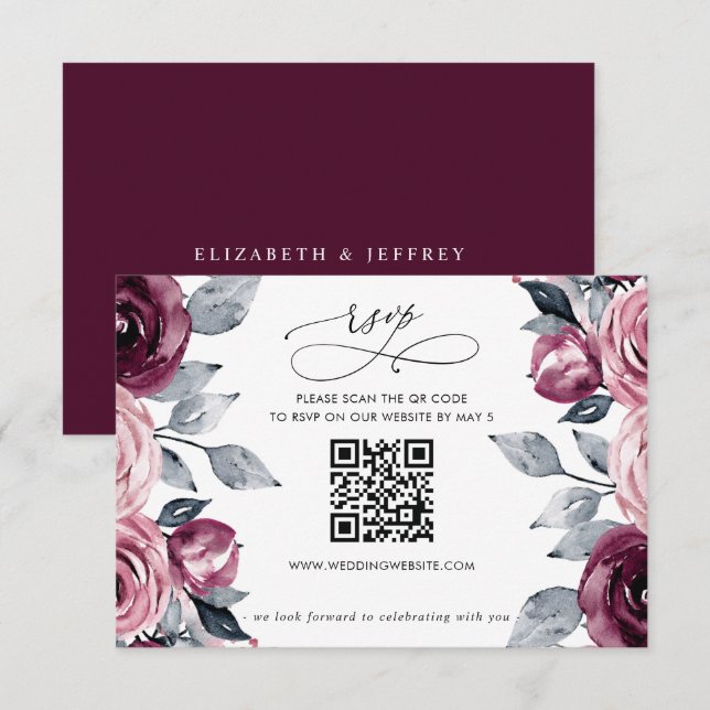 Cartons Réponse Elegant Modern Burgundy Floral QR CODE (Devant / Derrière)