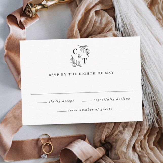 Cartons Réponse Élégant Monogramme Mariage Feuille (Elegant Wedding Monogram Black and White Wedding Invitation RSVP Card.)