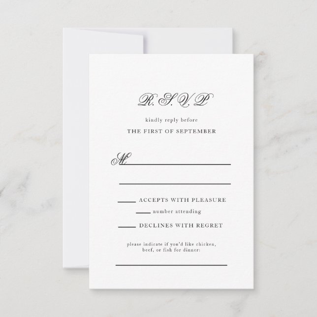 Cartons Réponse Élégant Monogramme noir et blanc Mariage de script (Devant)