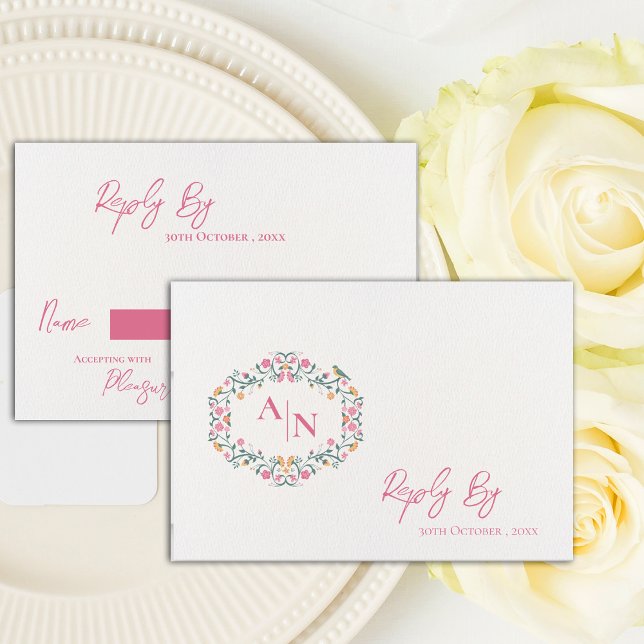 Cartons Réponse Élégant Monogramme Plutôt complexe Mariage floral (Elegant Monogram Pretty Intricate Floral Wedding RSVP Card)