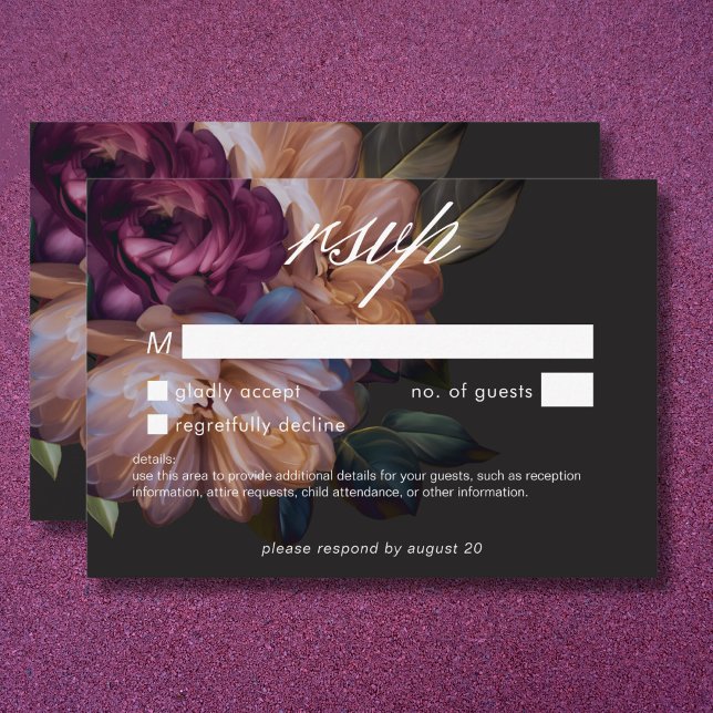 Cartons Réponse Élégant Moody Noir Floral Mariage Pas de dîner (Elegant Black Moody Floral Wedding No Dinner RSVP Card)
