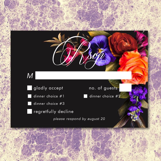 Cartons Réponse Élégant Moody Vibrant Harvest Floral Dîner (Elegant Moody Vibrant Sunset Floral Dinner RSVP)