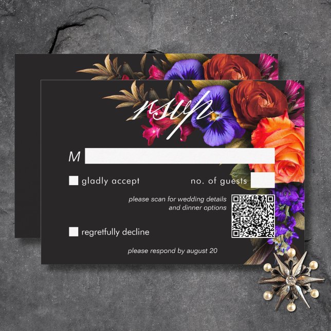 Cartons Réponse Élégant Moody Vibrant Harvest Floral QR Code (Elegant Moody Vibrant Harvest Floral QR Code RSVP Card)