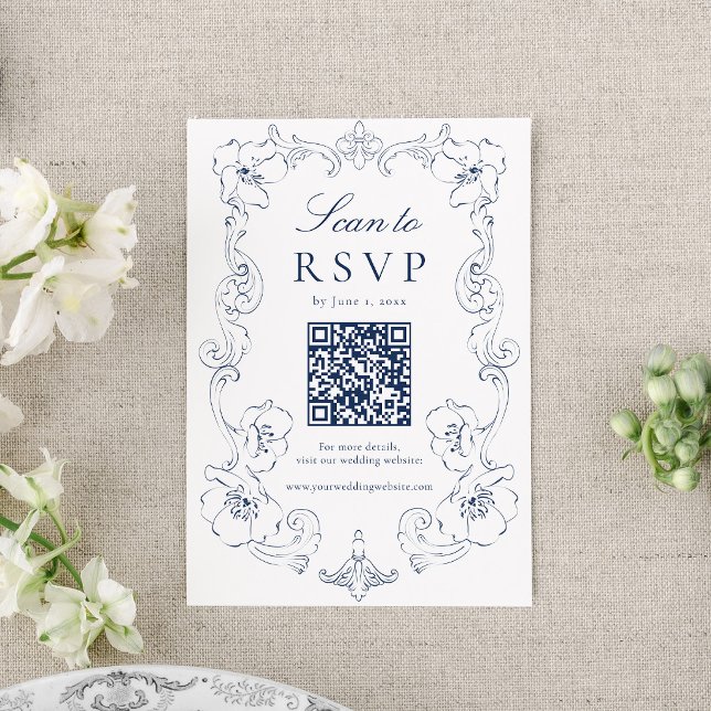 Cartons Réponse Elegant Navy Ornate Floral QR Code Wedding (Créateur téléchargé)