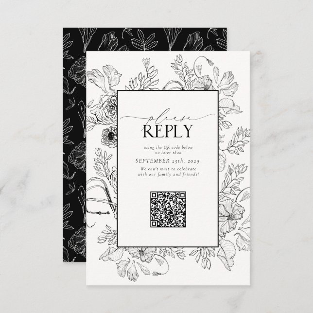 Cartons Réponse Élégant noir blanc Mariage QR Code S'il vous plaît (Devant / Derrière)