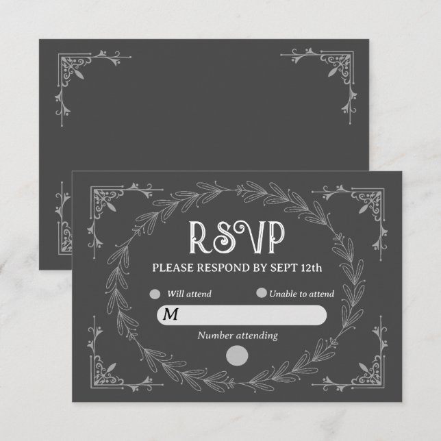 Cartons Réponse Élégant Noir Deco | Mariage noir et blanc (Devant / Derrière)