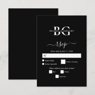 Cartons Réponse Élégant Noir et Blanc Monogramme Initiales Mariage