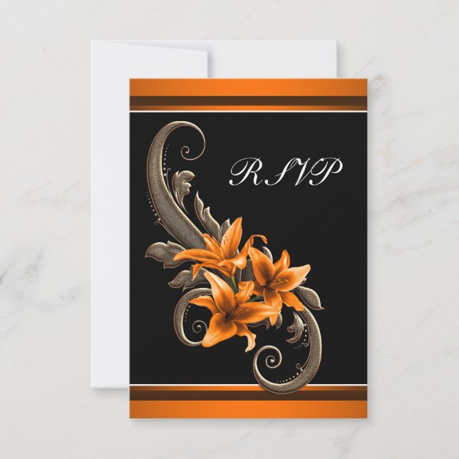 Cartons Réponse Élégant noir et orange Asiatique Lily Mariage (Devant)