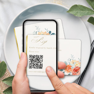 Cartons Réponse Élégant or Blush Floral Script Mariage QR Code