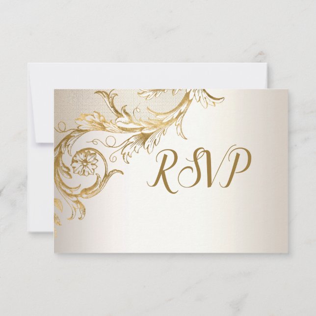 Cartons Réponse Elégant or Floral Damask Shiny Champagne Mariage (Dos)
