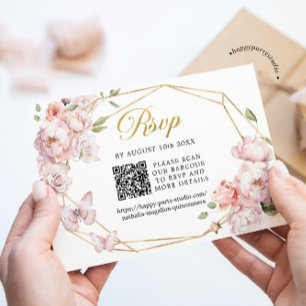 Cartons Réponse Elégant or rose floral Mis Quince Años QR