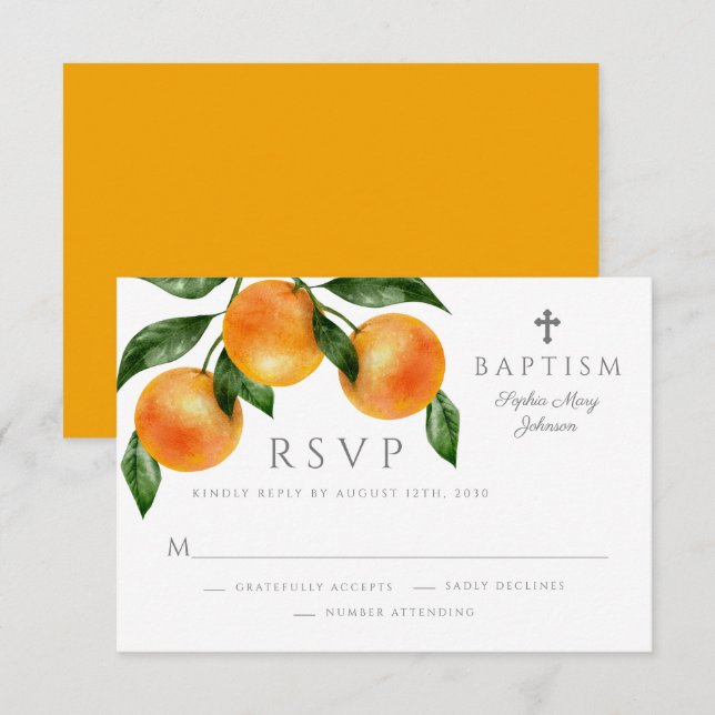 Cartons Réponse Élégant Oranges Baptême fille (Devant / Derrière)