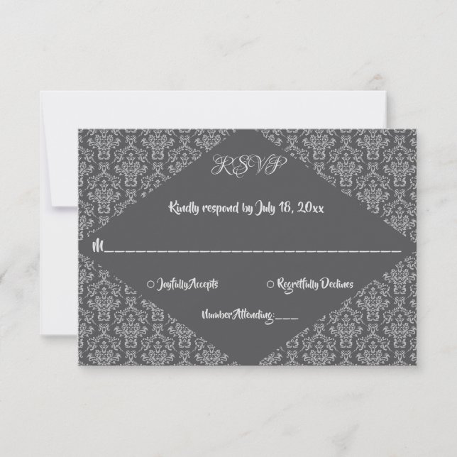 Cartons Réponse Élégant Ornate Classy Damask Grey Mariage officiel (Devant)