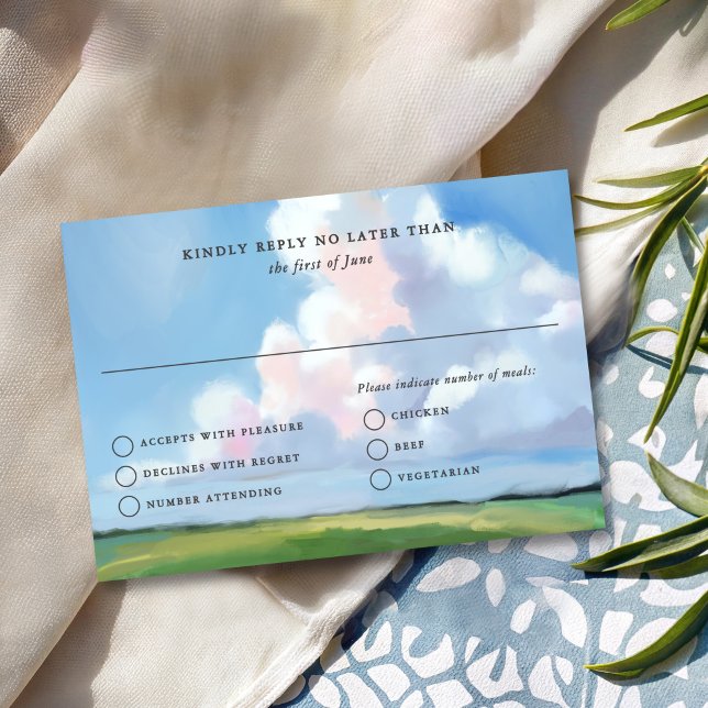 Cartons Réponse Elegant Painted Blue Sky Puffy Pink Clouds Wedding (Créateur téléchargé)